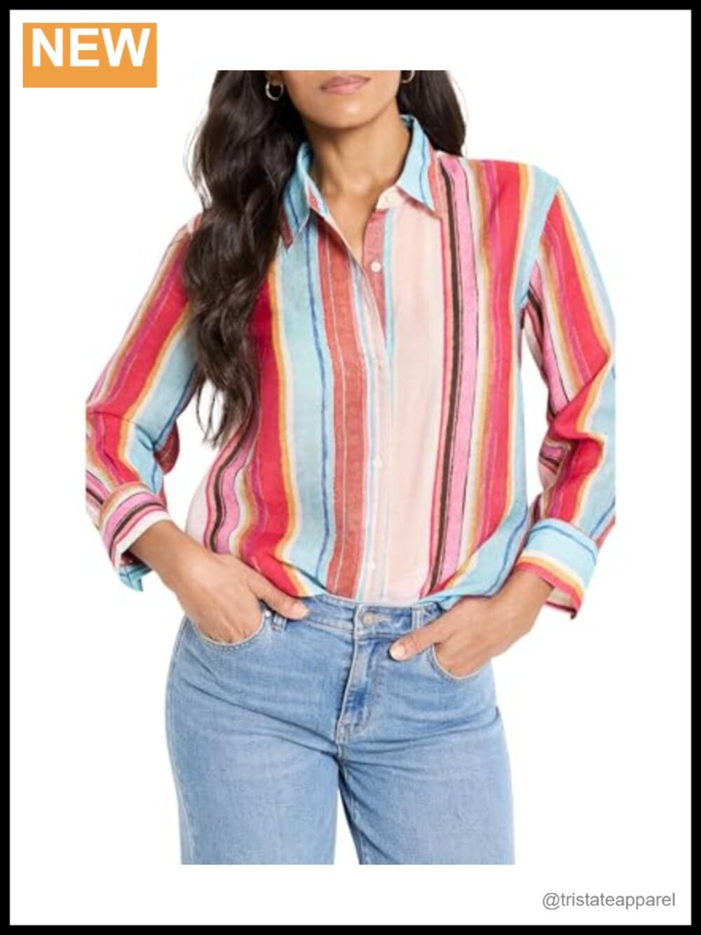 3/4 Sleeve Relaxed Fit Button Down Shirt Blouse